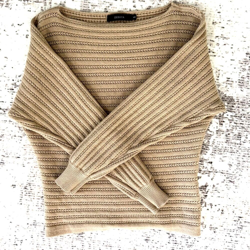 ZESICA Women's Tan Beige Open Knit Boat Neck Dolman Sleeve Sweater Sz S